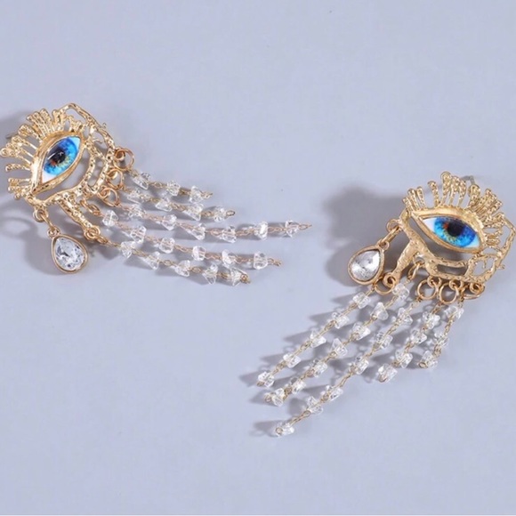 “Blue Eye Chandelier” Vivid Realism Cry Iris Tiered Crystal Tear Tassel Earrings - Picture 6 of 12